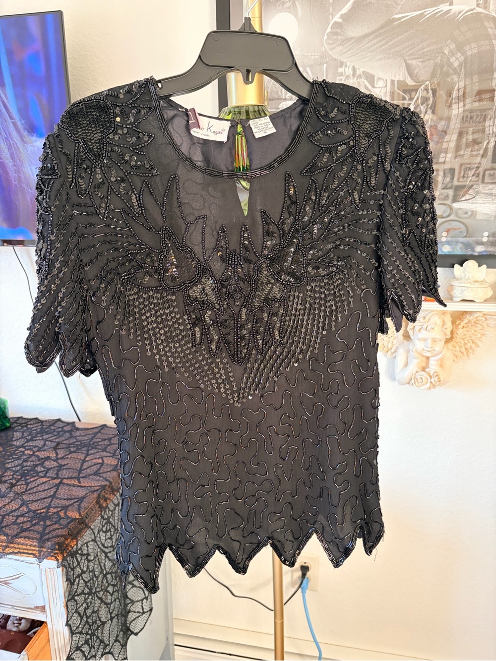Vintage Women’s Black Beaded Short Sleeve Blouse size XL